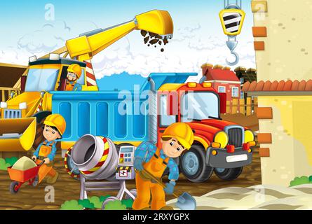 cartoon scene with construction site with car vehicle working in the city illustration for kids Stock Photo