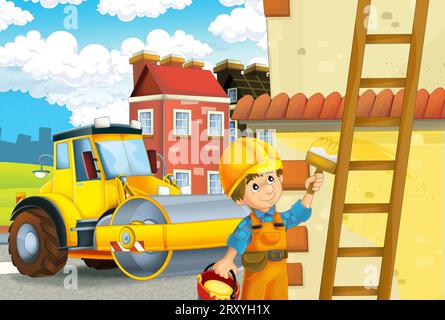 cartoon scene with construction site with car vehicle working in the city illustration for kids Stock Photo