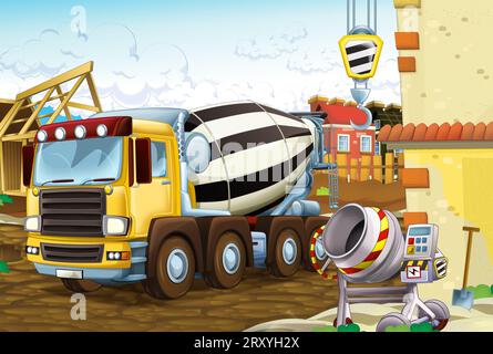 cartoon scene with construction site with car vehicle working in the city illustration for kids Stock Photo