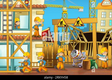 cartoon scene with construction site with car vehicle working in the city illustration for kids Stock Photo