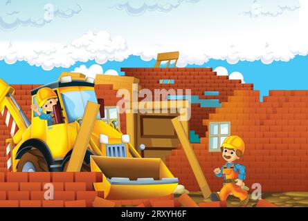 cartoon scene with construction site with car vehicle working in the city illustration for kids Stock Photo