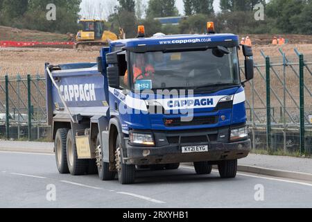 Harefield, UK. 27th September, 2023. One of the hundreds of HS2 contractor lorries that pass through Harefield and the local area on a daily basis. HS2 High Speed Rail Phase 1 construction is continuing in Harefield in the London Borough of Hillingdon. In the past few days there has been much speculation that Prime Minister Rishi Sunak is expected to announce the cancellation of the HS2 High Speed Rail Northern Leg from Birmingham to Manchester. Work has already been mothballed on the HS2 Euston Terminus in London and the Eastern Leg of HS2 already been cancelled. Five Labour Mayors from acros Stock Photo