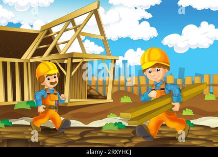 cartoon scene with construction site with car vehicle working in the city illustration for kids Stock Photo