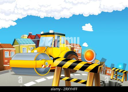 cartoon scene with construction site with car vehicle working in the city illustration for kids Stock Photo