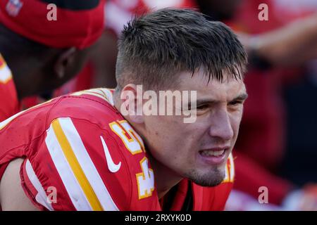 Kansas City Chiefs linebacker Leo Chenal (54) gets set on defense during an  NFL pre-season football game against the Green Bay Packers Thursday, Aug.  25, 2022, in Kansas City, Mo. (AP Photo/Peter