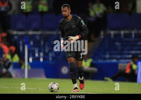 Robert Sánchez of Chelsea on the ball during the EFL Carabao Cup Third Round match between Chelsea and Brighton and Hove Albion at Stamford Bridge, London, England on 27 September 2023. Photo by Carlton Myrie. Editorial use only, license required for commercial use. No use in betting, games or a single club/league/player publications. Stock Photo