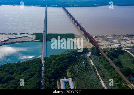 Aerial view of the Lalon Shah Bridge and Hardinge Bridge over the Padma River at Pakshi. Pabna, Bangladesh. Stock Photo