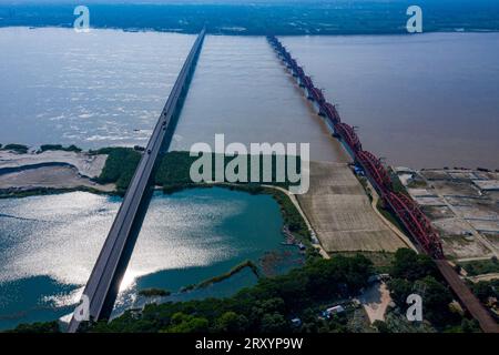 Aerial view of the Lalon Shah Bridge and Hardinge Bridge over the Padma River at Pakshi. Pabna, Bangladesh. Stock Photo