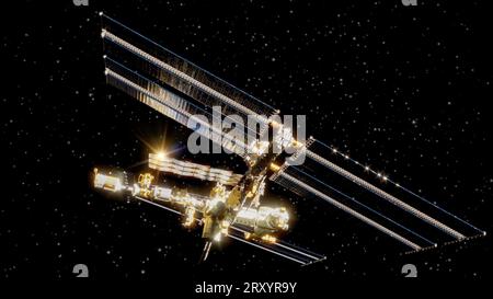 The International Space Station (ISS) is a space station, or a habitable artificial satellite, in low Earth orbit. Research laboratory. 3d Stock Photo