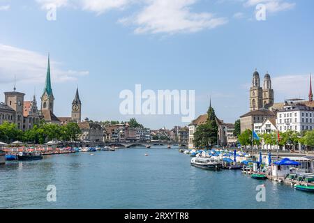 View of Die Altstadt (Old Town) from Quaibrücke, City of Zürich, Zürich, Switzerland Stock Photo