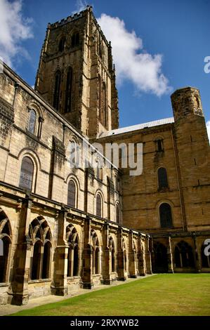 Durham Cathedral tower under a blue cloudy sky. Durham, UK. Stock Photo