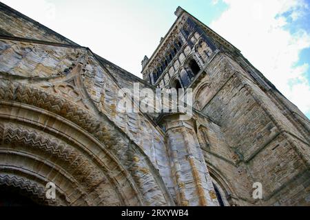 Durham Cathedral tower under a blue cloudy sky. Durham, UK. Stock Photo