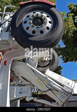 extension chute on back of a concrete truck, California Stock Photo