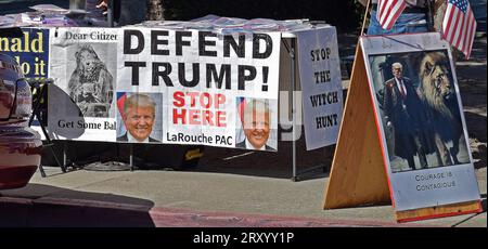 support and defend  ex President, Donald Trump table set up on sidewalk in Alameda County, California Stock Photo