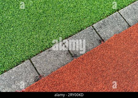 Green grass and red brick walkway in the public park, stock photo Stock Photo