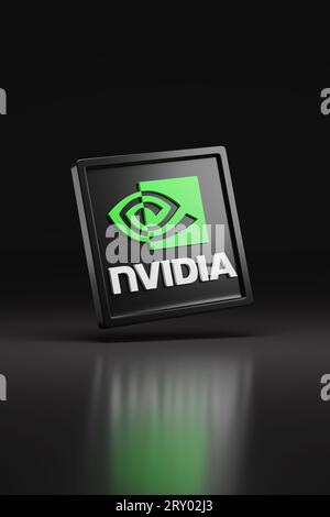 Buenos Aires, Argentina; September 12th, 2023: Solid Nvidia logo isolated on dark background. 3d illustration. Stock Photo