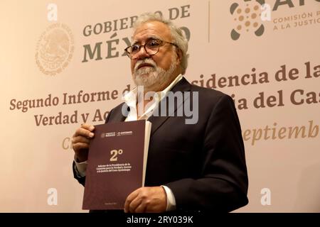 September 27, 2023, Mexico City, Mexico: The Undersecretary of Human Rights of the Ministry of the Interior, Alejandro Encinas Rodriguez presented the Second Report of the Presidency of the Commission for Truth and Access to Justice in the Ayotzinapa Case at the Ministry of Government in Mexico City. on September 27, 2023 in Mexico City, Mexico (Photo by Luis Barron / Eyepix Group/Sipa USA). Stock Photo