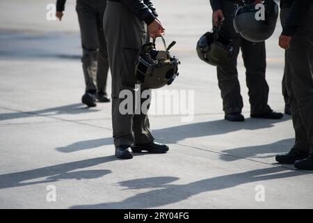 Colombian police helicopter pilots during an event at the CATAM - Airbase in Bogota, where the United States of America embassy in Colombia gave 3 Lockheed Martin UH60 Black Hawks to improve the antinarcotics operations, on September 27, 2023. Photo by: Chepa Beltran/Long Visual Press Stock Photo