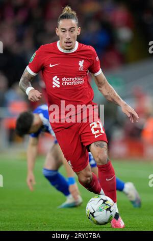 Kostas Tsimikas #21 of Liverpool makes a break during the Carabao Cup ...
