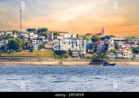 Colorful coastline view of old buildings in Manaus Brazil at sunny day Stock Photo