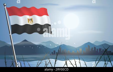 EGYPT flag with sun background of mountains and lakes Stock Vector