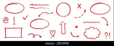 Pen marker line red arrow, underline, emphasis element set. Hand drawn red marker brush stroke style arrow, text underline, round frame set. Doodle sketch pencil text decoration. Vector illustration Stock Vector