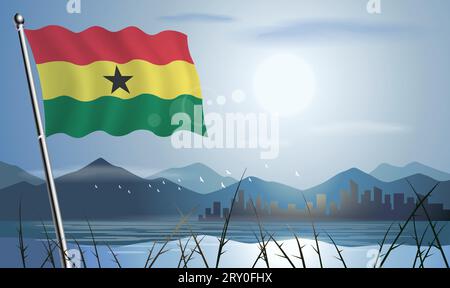flag with sun background of mountains and lakes Stock Vector