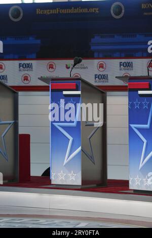 The stage at the Ronald Reagan Presidential Library for the second Republican Presidential primary debate in Simi Valley, California, on September 27, 2023. (Photo by Conor Duffy/Sipa USA) Stock Photo