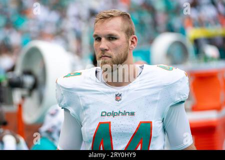 Miami Dolphins long snapper Blake Ferguson (44) stretches before