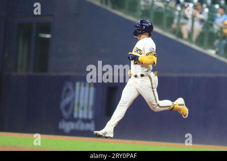 MILWAUKEE, WI - APRIL 07: Milwaukee Brewers catcher William Contreras (24)  watches play during a game between the Milwaukee Brewers and the St. Louis  Cardinals at American Family Field on April 7
