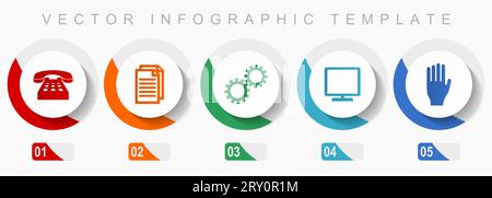 Technology icon set, miscellaneous icons such as phone, document, gears, tv and hand, flat design vector infographic template, web buttons in 5 color Stock Vector