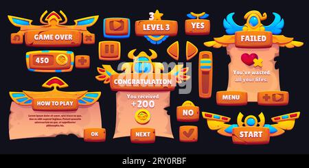 Egyptian ui game interface cartoon vector icon. Egypt menu design element set with level frame, progress bar, papyrus congratulation popup and failed sign. 2d wooden casual app concept with scroll Stock Vector