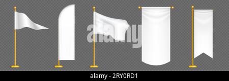 Set of white silk flags on golden poles isolated on transparent background. Vector realistic illustration of triangular and rectangular pennants, blank fabric banners flying in wind, peace symbol Stock Vector