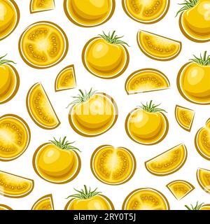 Vector Yellow Tomato seamless pattern, repeat background with variety chopped garden tomatoes for bed linen, decorative square poster with group of fl Stock Vector