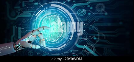 AI Robot hand pointing Artificial intelligence technology. Ai Brain Concept. Automation technology and Machine learning in business internet. Stock Photo