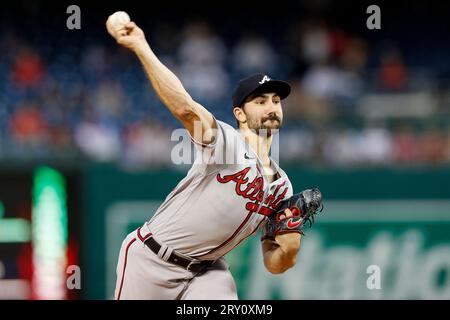 Atlanta Braves starting pitcher Spencer Strider (99) throws to the plate during game 2 of a double header between the Atlanta Braves and Washington Na Stock Photo