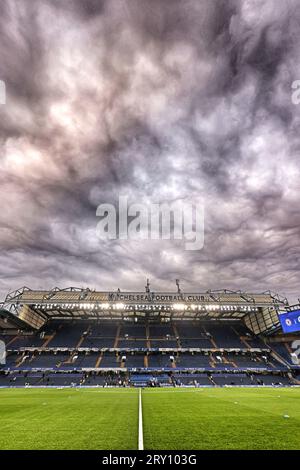 Clouds look menacing in the sky at the Chelsea v Brighton and Hove Albion EFL Carabao Cup match, at Stamford Bridge, London, UK on 27th September, 2023. Stock Photo