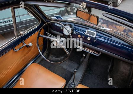 Bordeaux , France - 09 18 2023 : fiat 500 simple interior vintage retro old steering wheels dashboard italian convertible car Stock Photo