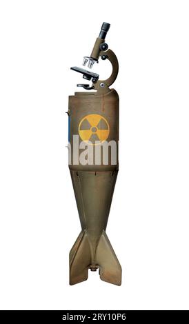 Nuclear warhead and science. Microscope manipulation on the missile. Military green missile bomb isolated on a white background. 3D illustration. Stock Photo