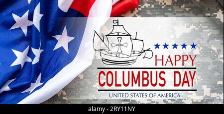 A sailing ship with American flag and clouds with bold text on dark blue background to commemorate Columbus Day on October 10 Stock Photo