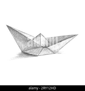 Watercolor illustration sketch of paper boat hand-drawn isolated on white background. Picture of small white ship for icon or logo, designs and Stock Photo