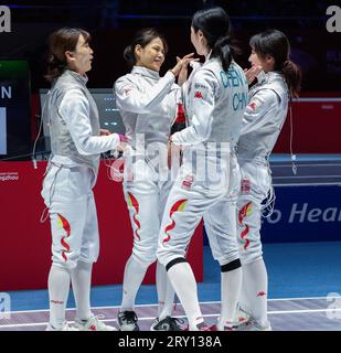 (230928) -- HANGZHOU, Sept. 28, 2023 (Xinhua) -- Team China celebrate after the Women's Foil Team Semifinal of Fencing at the 19th Asian Games in Hangzhou, east China's Zhejiang Province, Sept. 28, 2023. (Xinhua/Xu Yu) Stock Photo