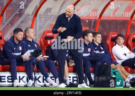 ENSCHEDE, NETHERLANDS - SEPTEMBER 27: Headcoach Joseph Oosting (FC Twente) looks on during the Eredivisie match of FC Twente and Vitesse at de Grolsch Stock Photo