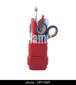 some stationery items in a pen holder on a transparent background Stock Photo