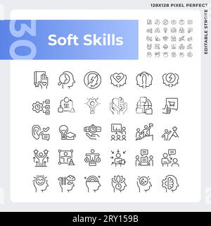 Customizable pixel perfect black soft skills icons set Stock Vector