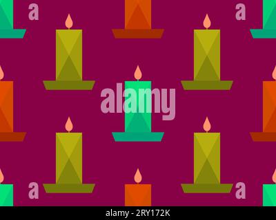 Candles seamless pattern. Multi-colored burning candles on a saucer on a red background. Christmas pattern with candles. Xmas design for wallpaper, po Stock Vector
