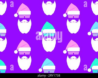 Christmas seamless pattern with Santa Claus in 80s style. Santa Claus is a party boy with glasses, a beard and a hat. Xmas design for greeting cards, Stock Vector
