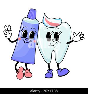 tooth, toothpaste, brush - Dental hygiene concept in old classic cartoon style. Vintage cute characters isolated on white background. tooth, toothpast Stock Vector