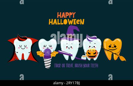 Trick or treat, brush your teeth - Tooth in witch costume with broom and witch hat. Happy Halloween illustration. Good for prints on t-shirt and bag, Stock Vector