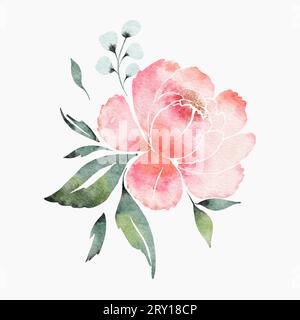 Watercolor vector figures on a white background. White card with peonies background. Retro futuristic aesthetics of the 2000s. Stock Vector